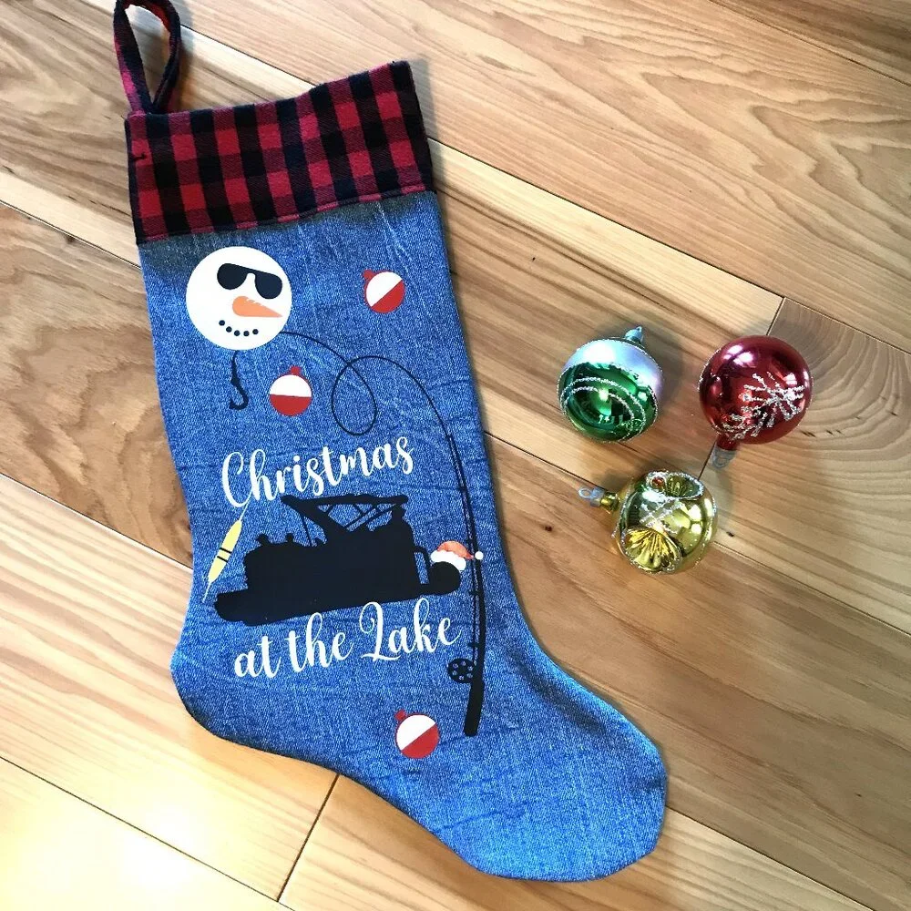 Denim Christmas Stocking, Lake House Fishing Decor Pontoon Boat Snowman